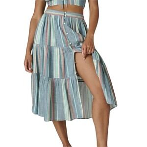 Lucky Brand Striped Button Front Tiered Chambray Skirt with Crochet Trim M
